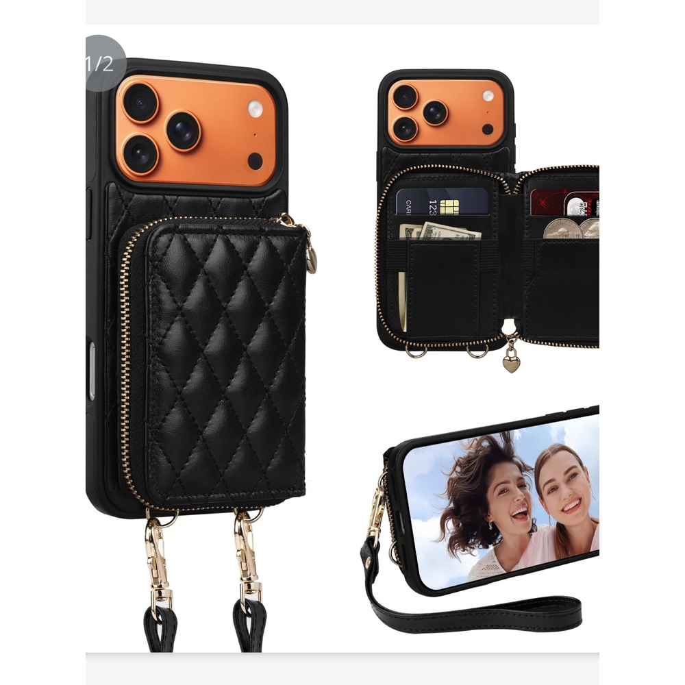 Black Quilted Zipper Wallet Phone Case with Removable Strap for Women